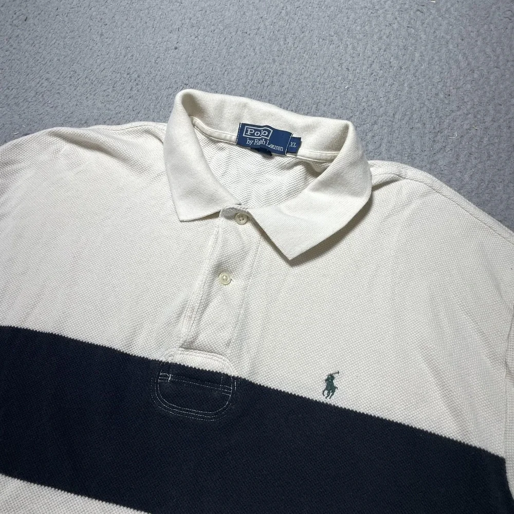 Polo By Ralph Lauren Polo Shirt Mens XL White Navy Stripe Rugby Long Sleeve